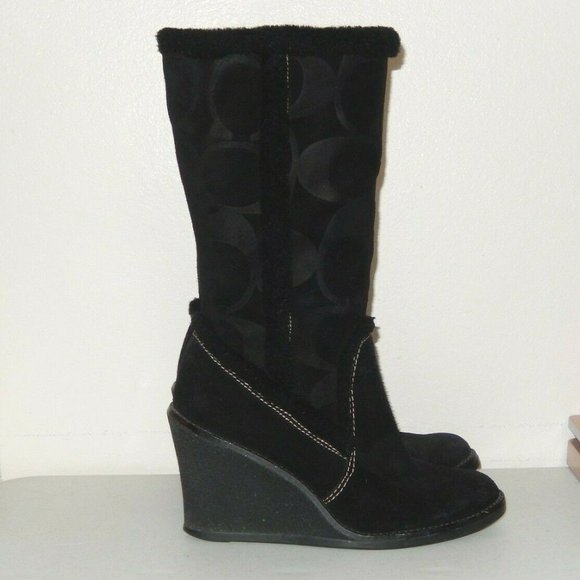 Coach Boots 6 Jordana Black Suede Signature Logo Shearling Trim Wedge Side Zip - Picture 6 of 11